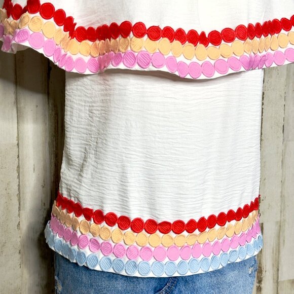 Morgan Claire Multi White Off Shoulder Ric-Rac Trimmed Ruffled Tiered Top Size S - Picture 3 of 10